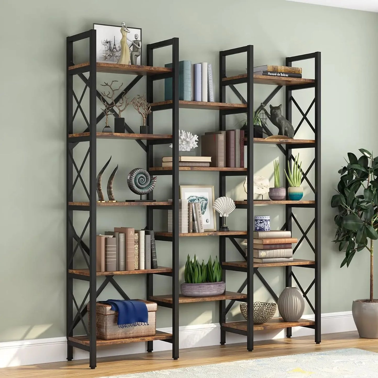 Triple Wide 5-Shelf Bookcase - Etagere Large Open Metal Vintage Wood Shelves