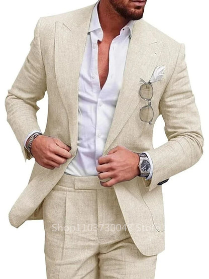 Light Blue/Beige Linen Wedding Suit for Men