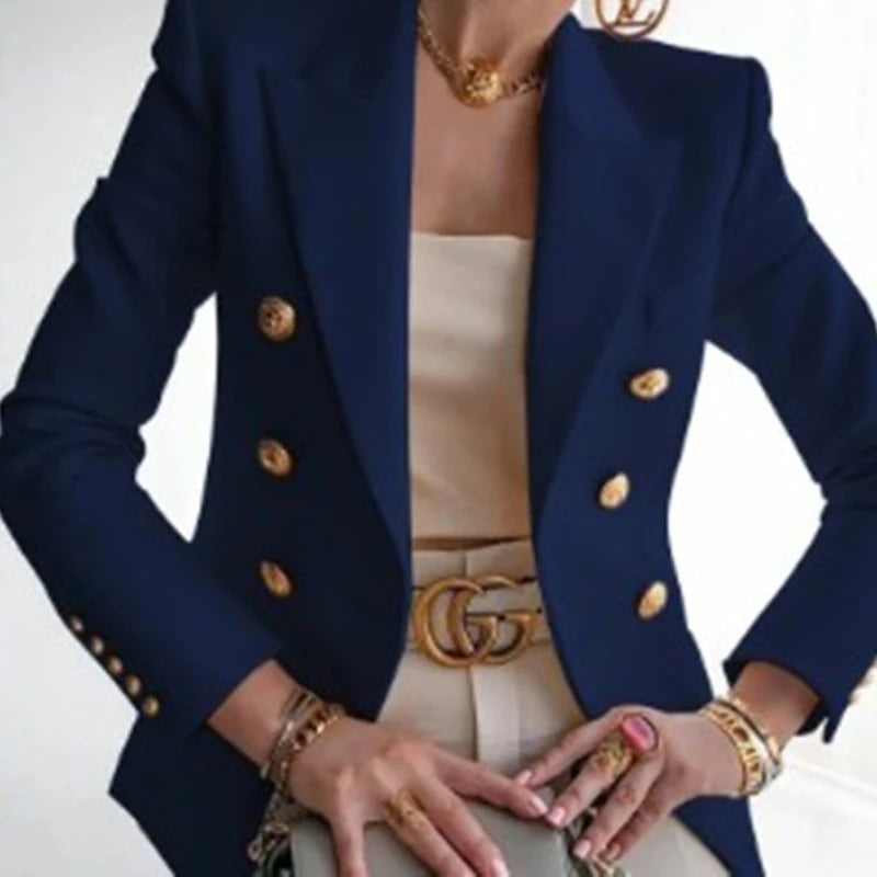 Women's Slim Elegant Double Breasted Metal Lion Buttons Blazers