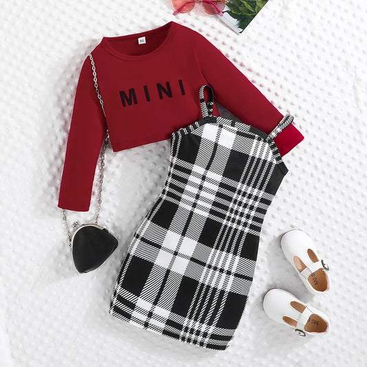 Girls Long Sleeve Top Plaid & Suspenders Skirt - Toddler Infant Clothes