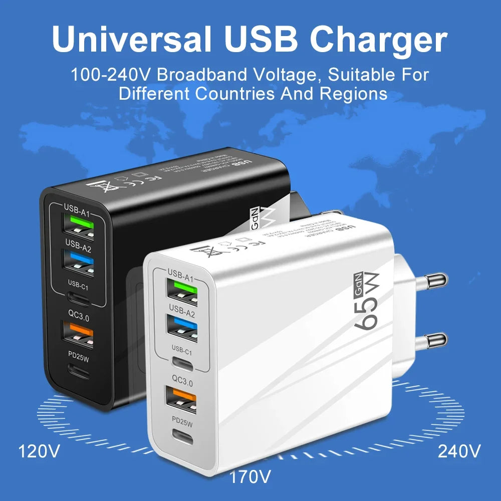 65w Fast Charger Mobile Charging Head Pd Plus 3usb Travel Multi Interface Charger Adapter