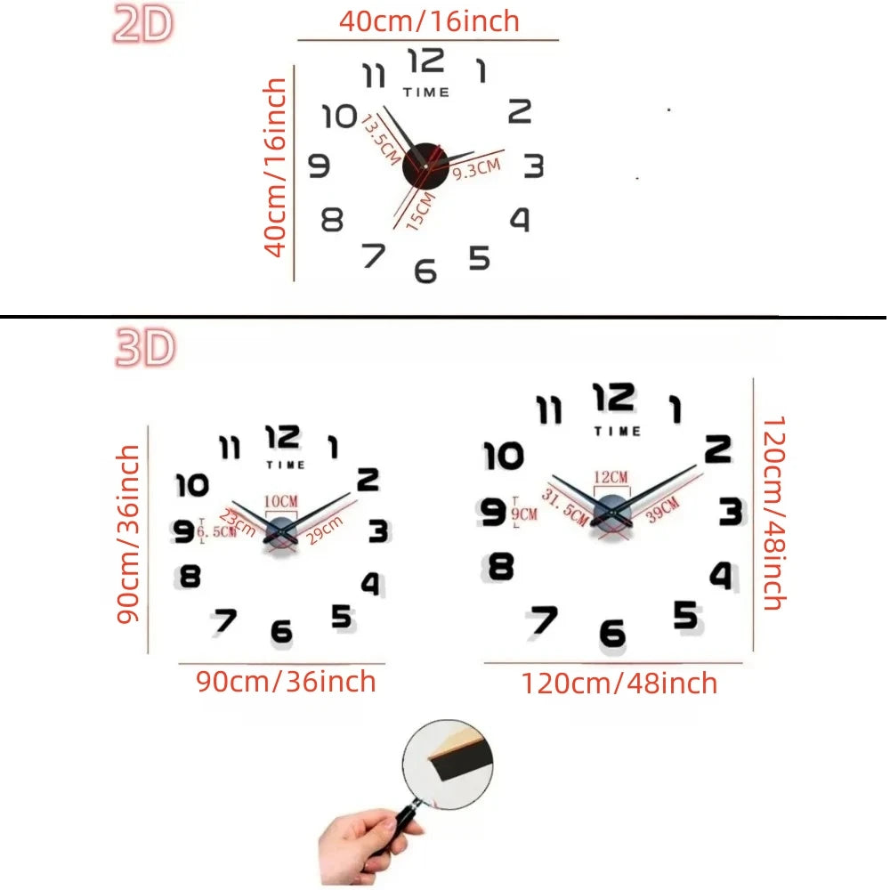 Large 3D DIY Quartz Wall Clock with Acrylic Mirror Stickers