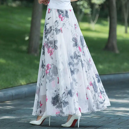 High Waist A-Line Print Chiffon Skirt
