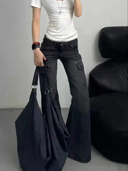 Schwarze Gothic Cargo Flare Jeans für Damen