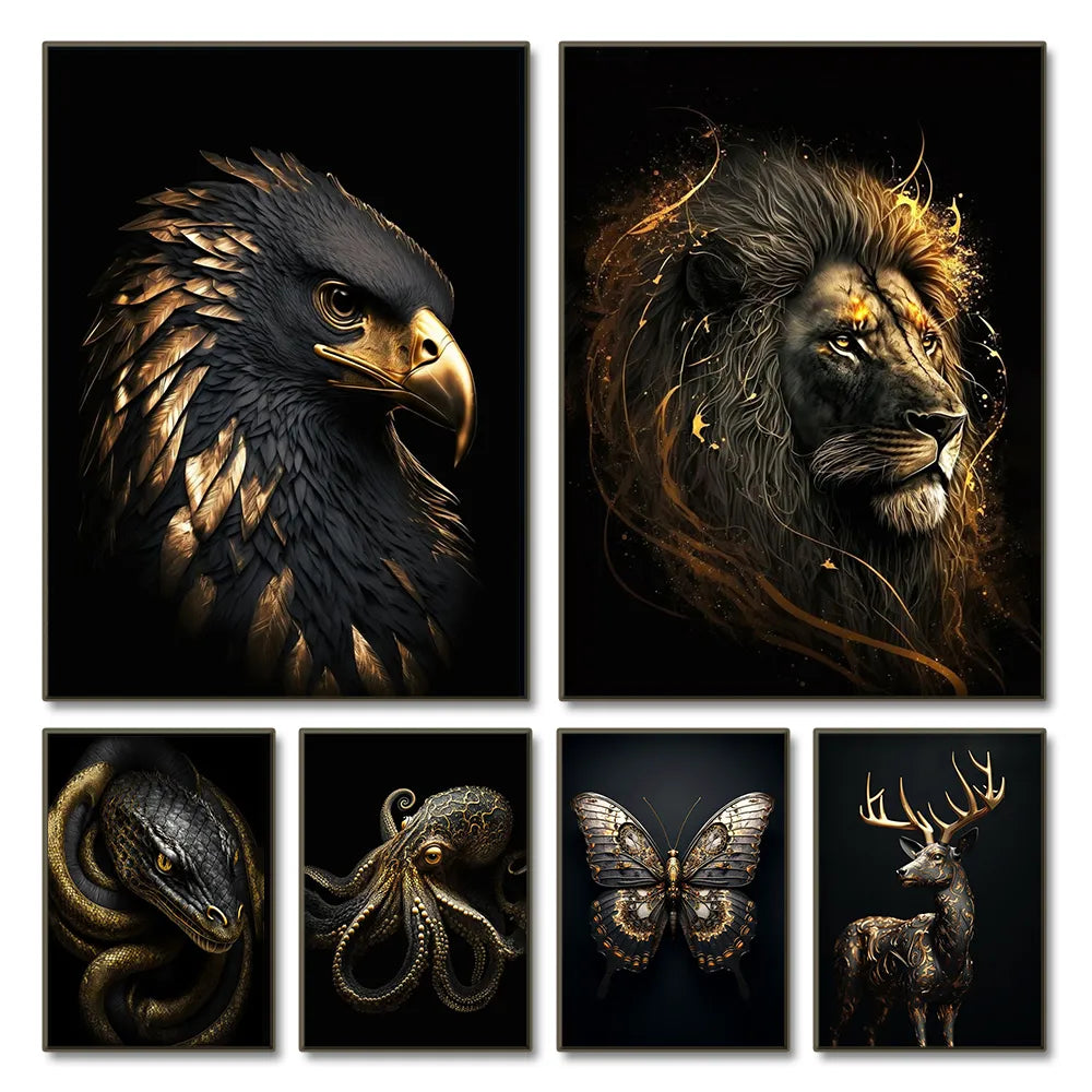 Black Gold Eagle Lion Metal Poster Wall art