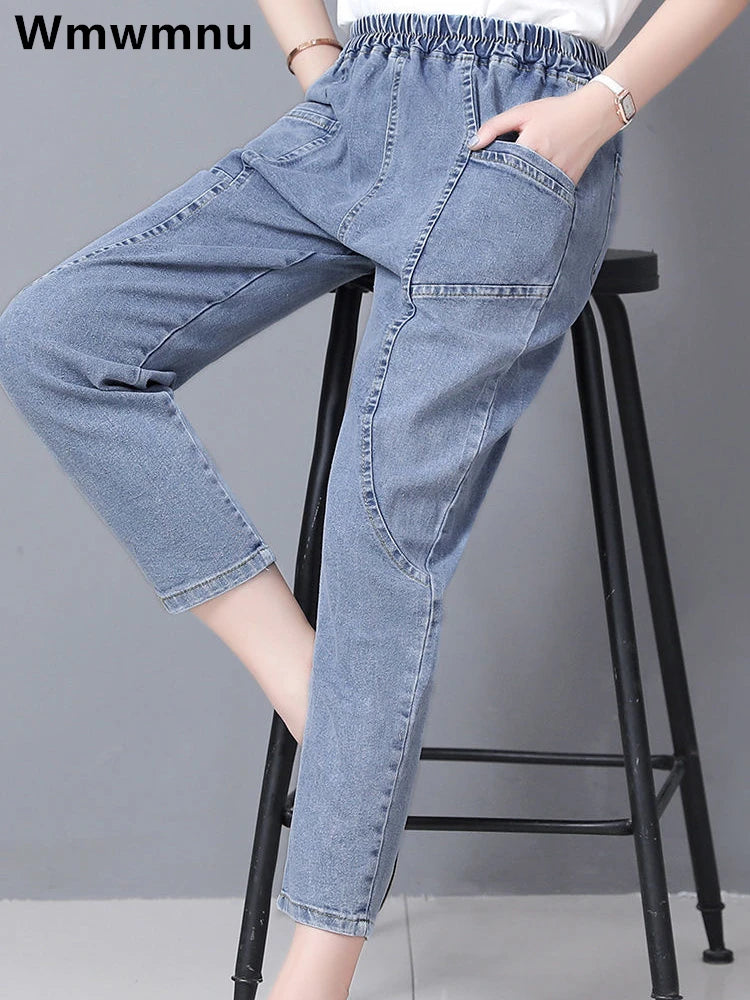 Plus Size Vintage Denim Ankle-Length Harem Pants