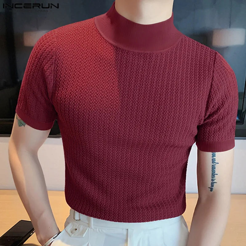 Solid Color Turtleneck Short Sleeve Men T Shirt