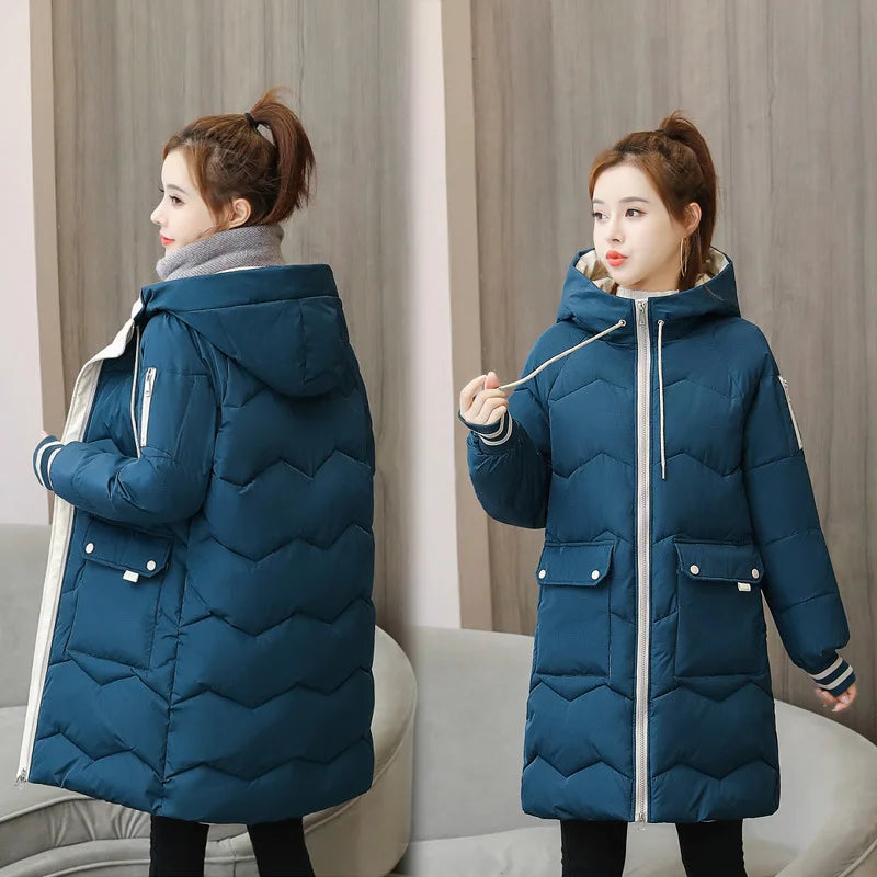 Women Hooded Warm Cotton Parka Mid-length Thicken Snow Jacket