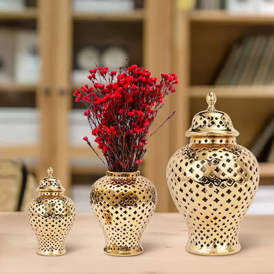 Vase de bourgeon de décoration de maison de pot de temple percé en céramique d'or