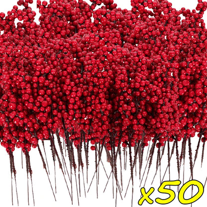 50/1branche de tige de houx rouge artificielle
