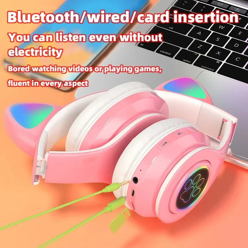 P91H Cute Cat Ears BT Wireless Headphone - Com Mic E Flash Light Capacity LED Headset