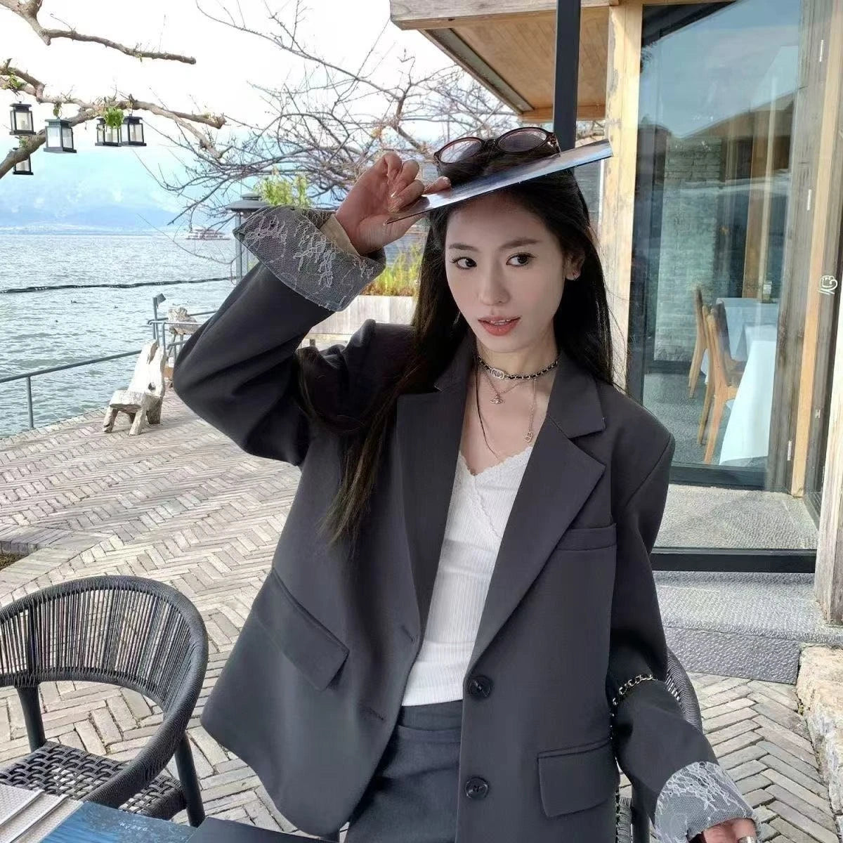 Blazer patchwork en dentelle à manches longues pour femme