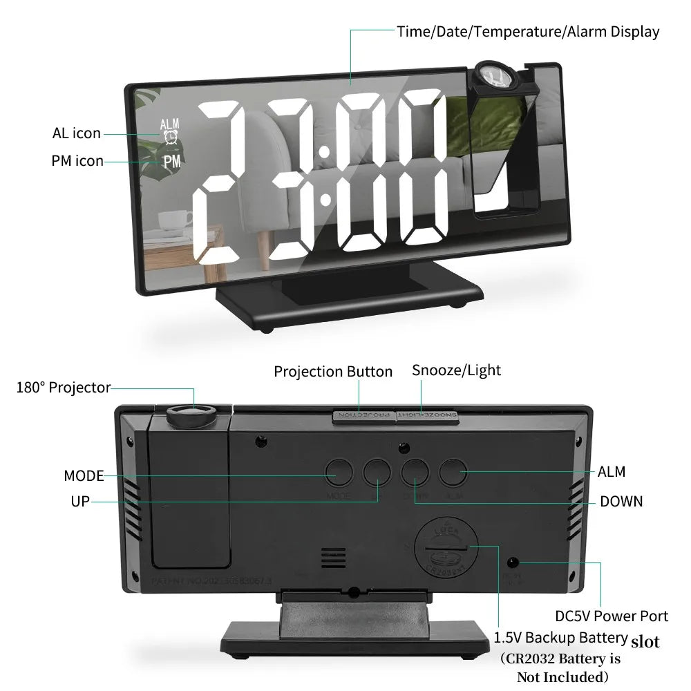 Réveil numérique alimenté par USB avec projection à 180° et affichage de la température