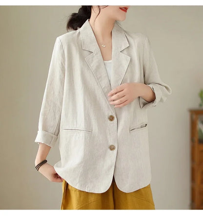 Blazer d'été à manches longues en coton et lin d'inspiration vintage avec col à revers