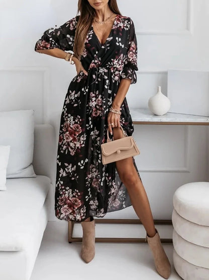 Elegant Floral Chiffon Maxi Dress