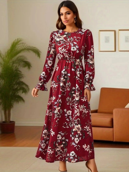 Women Maxi Dresses - Casual Full Sleeve Floral Printed O-neck Woman Bohe Beach Party Long Dress