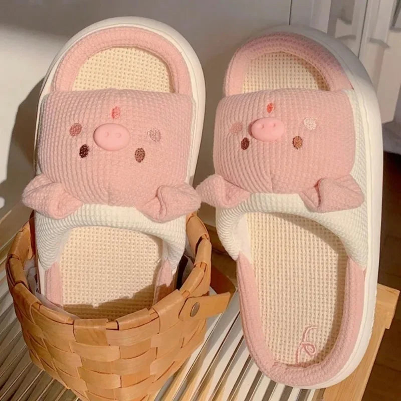 New Pink Piggy Pattern Linen Slippers