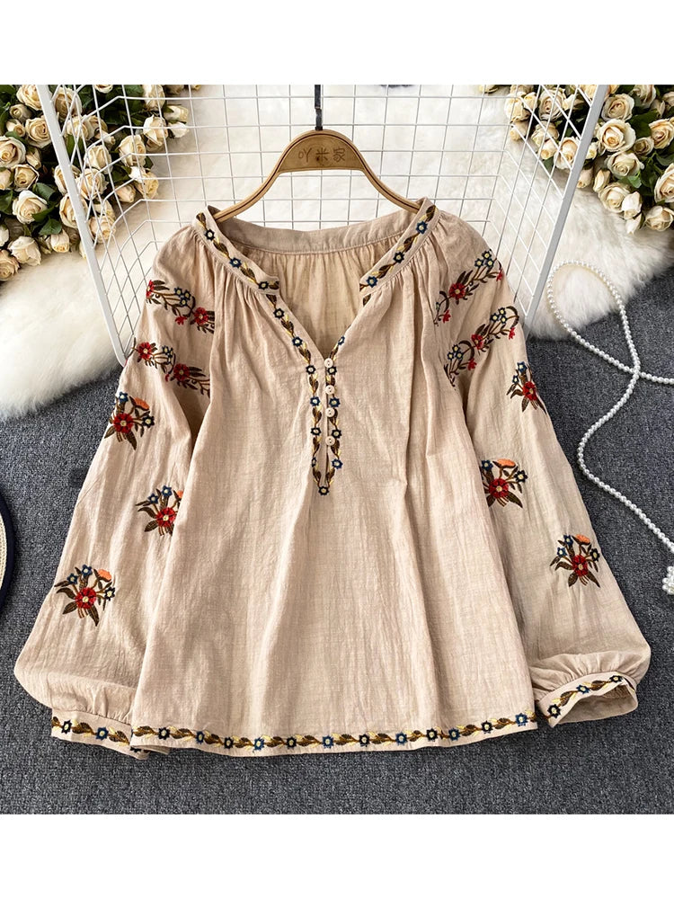 Autumn Flower Embroidered V-Neck Blouse