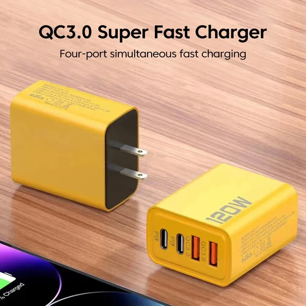 Total 120W USB Type C Charger - 4 Port Fast Charging USB Phone Charger Adapter