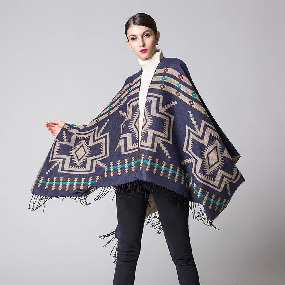 Cozy European American Cashmere Poncho with Ethnic Prints