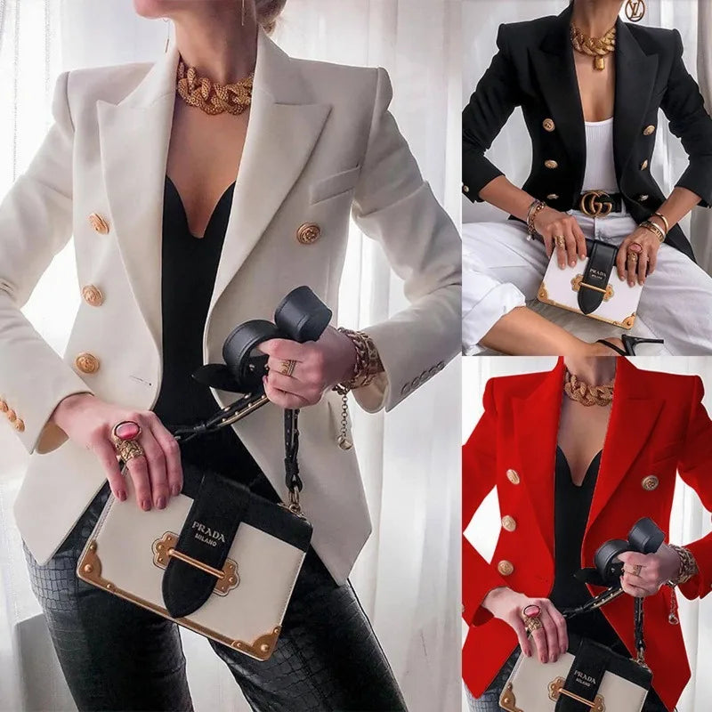 Women's Slim Elegant Double Breasted Metal Lion Buttons Blazers