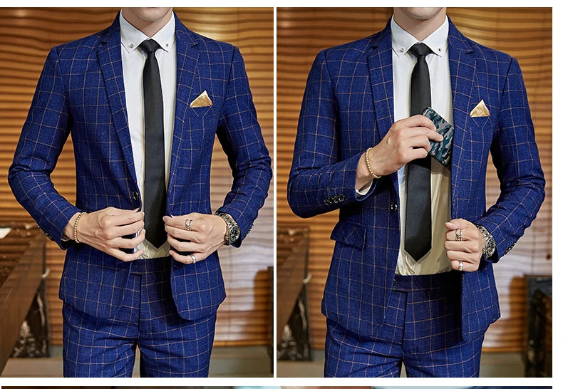 Men's Casual One-Button Plaid Two-Piece Set