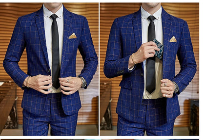 Men's Casual One-Button Plaid Two-Piece Set