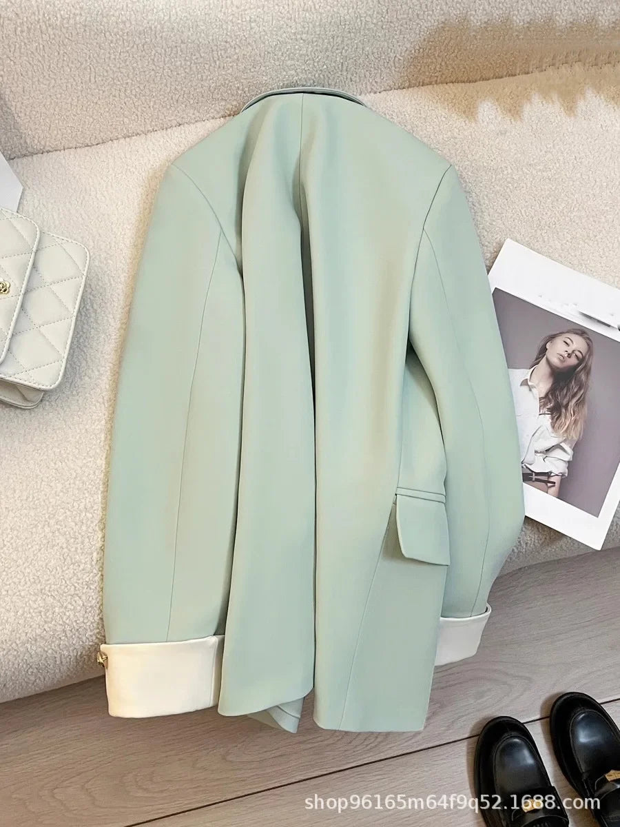 Trendy Women's Loose Casual Green Blazer for Spring & Autumn