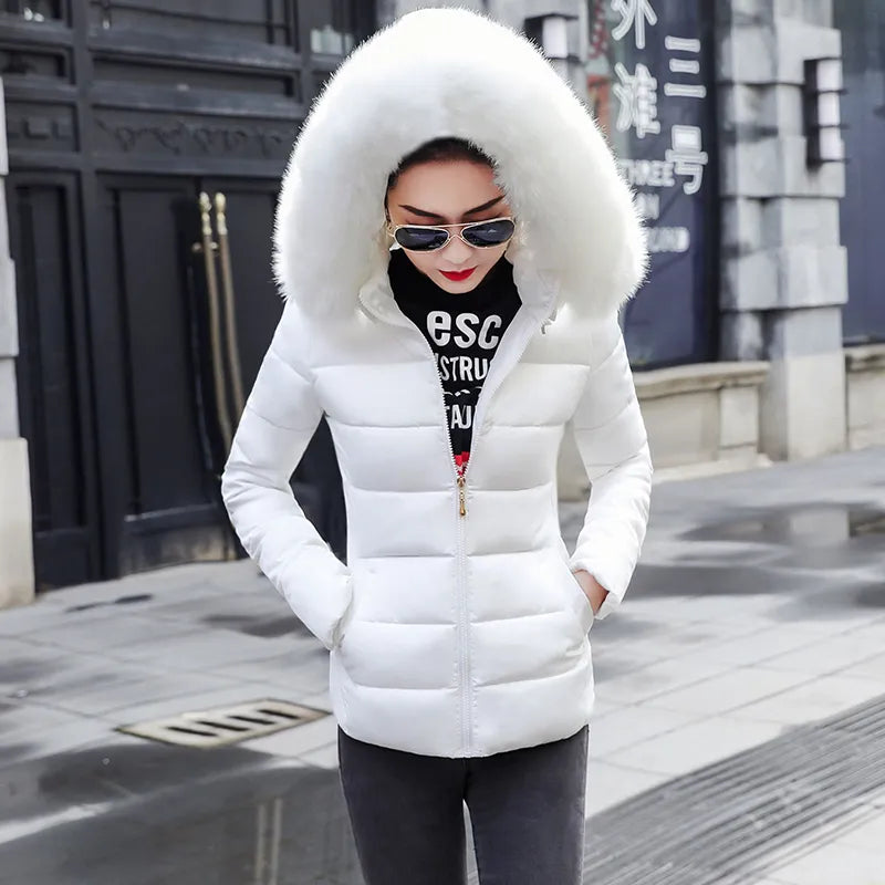 Stylish Black and White Women Winter Jacket with Big Fur Hood