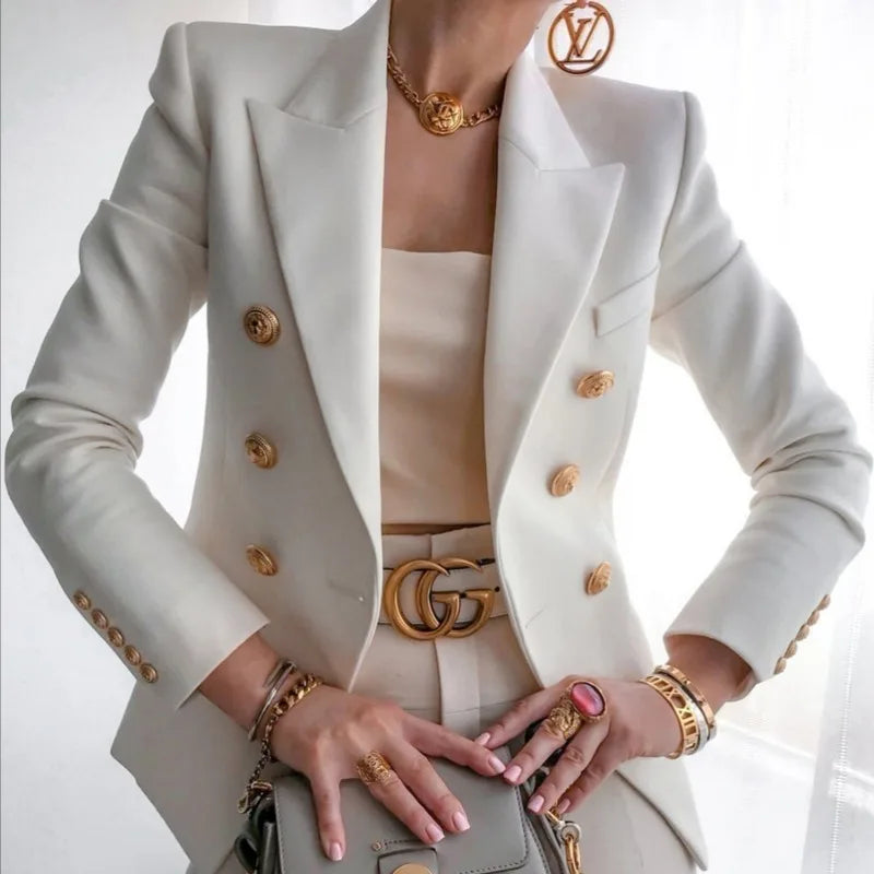 Women's Slim Elegant Double Breasted Metal Lion Buttons Blazers