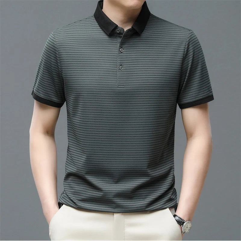 Brown Summer Striped Turn-Down Collar Men's T-Shirt, Business Casual Golf