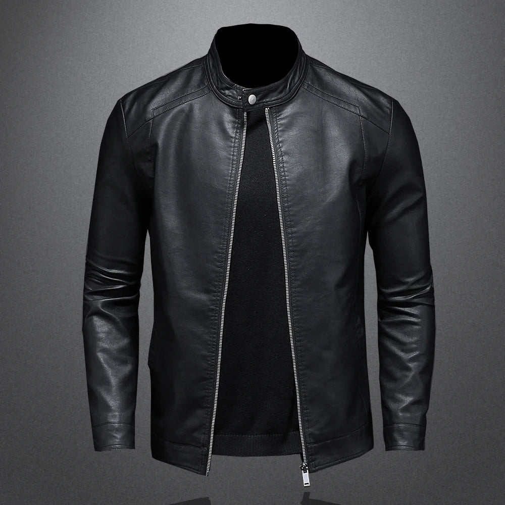 Men's Slim Fit Stand Collar Leather Jacket