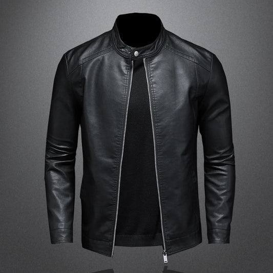 Veste en cuir à col montant et coupe slim pour homme