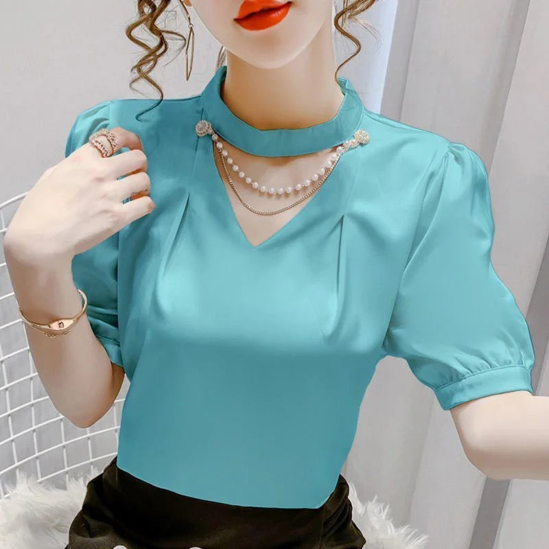 Solid Pearl Short Sleeve O-Neck Women's Blouses