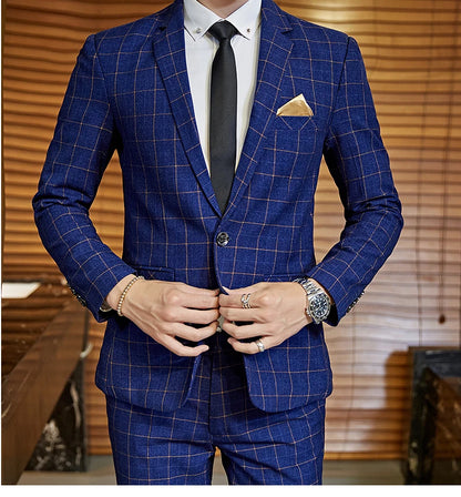 Men's Casual One-Button Plaid Two-Piece Set