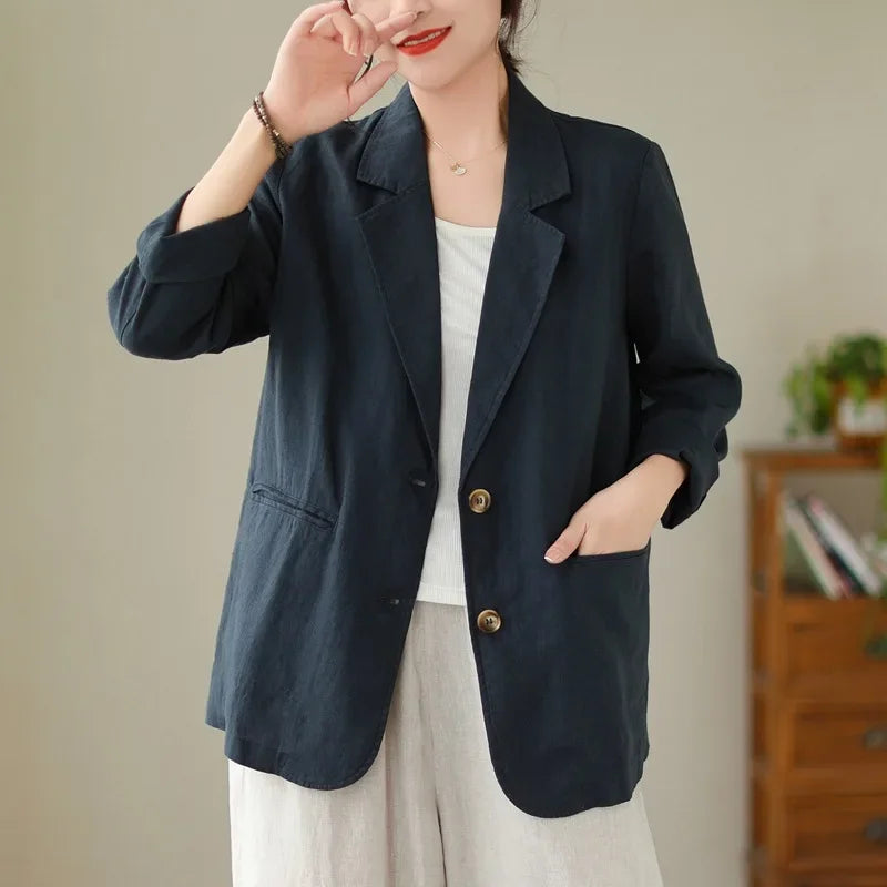 Blazer d'été à manches longues en coton et lin d'inspiration vintage avec col à revers