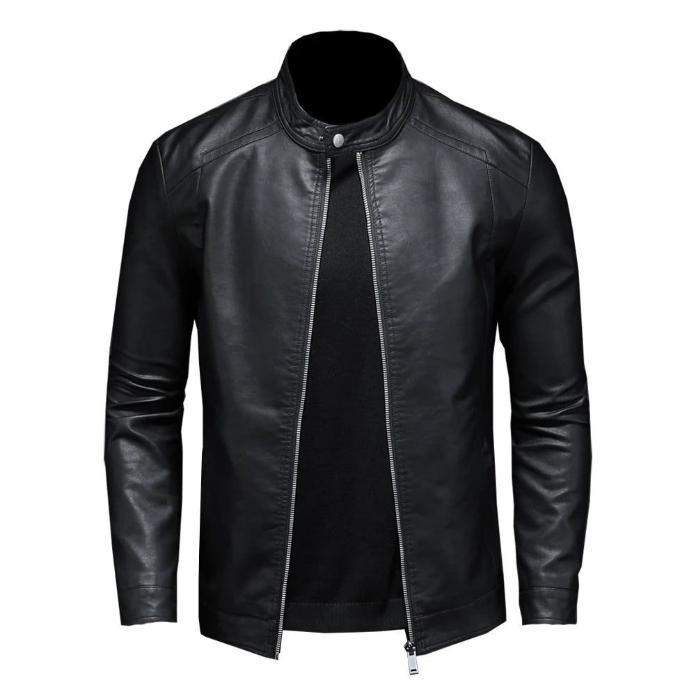 Men's Slim Fit Stand Collar Leather Jacket