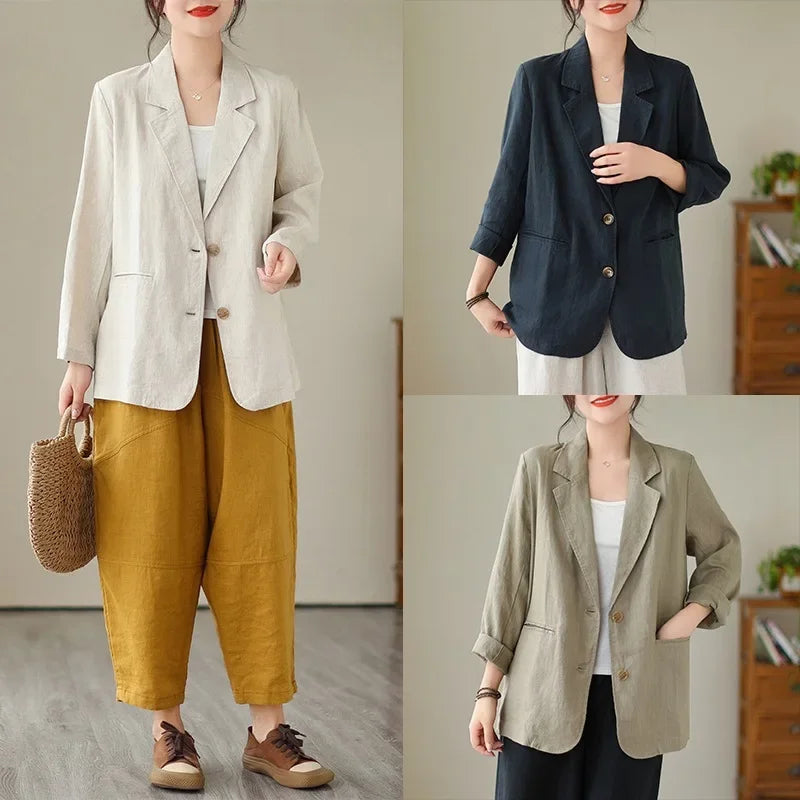Blazer d'été à manches longues en coton et lin d'inspiration vintage avec col à revers