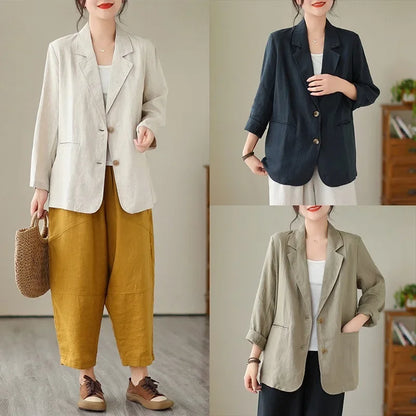 Blazer d'été à manches longues en coton et lin d'inspiration vintage avec col à revers