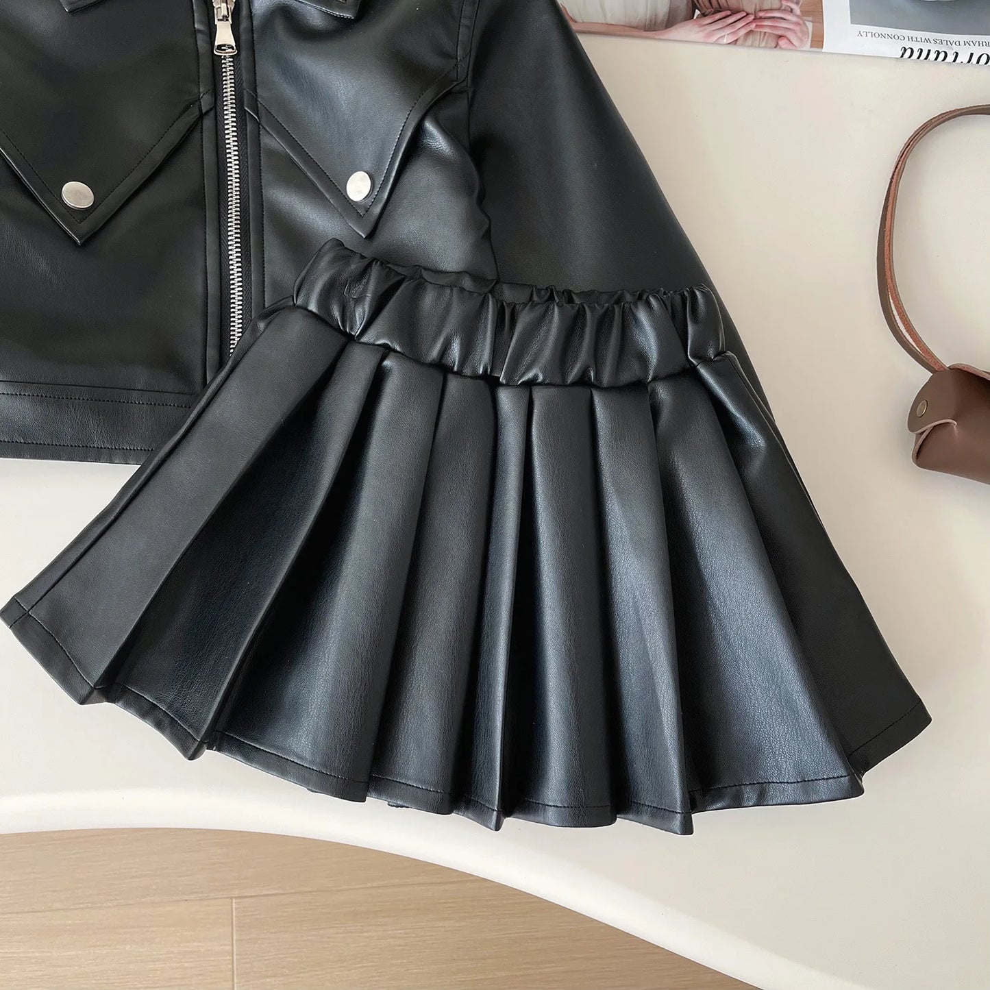 Girls Leather Jacket Set - Pleated Skirt Two-piece Set