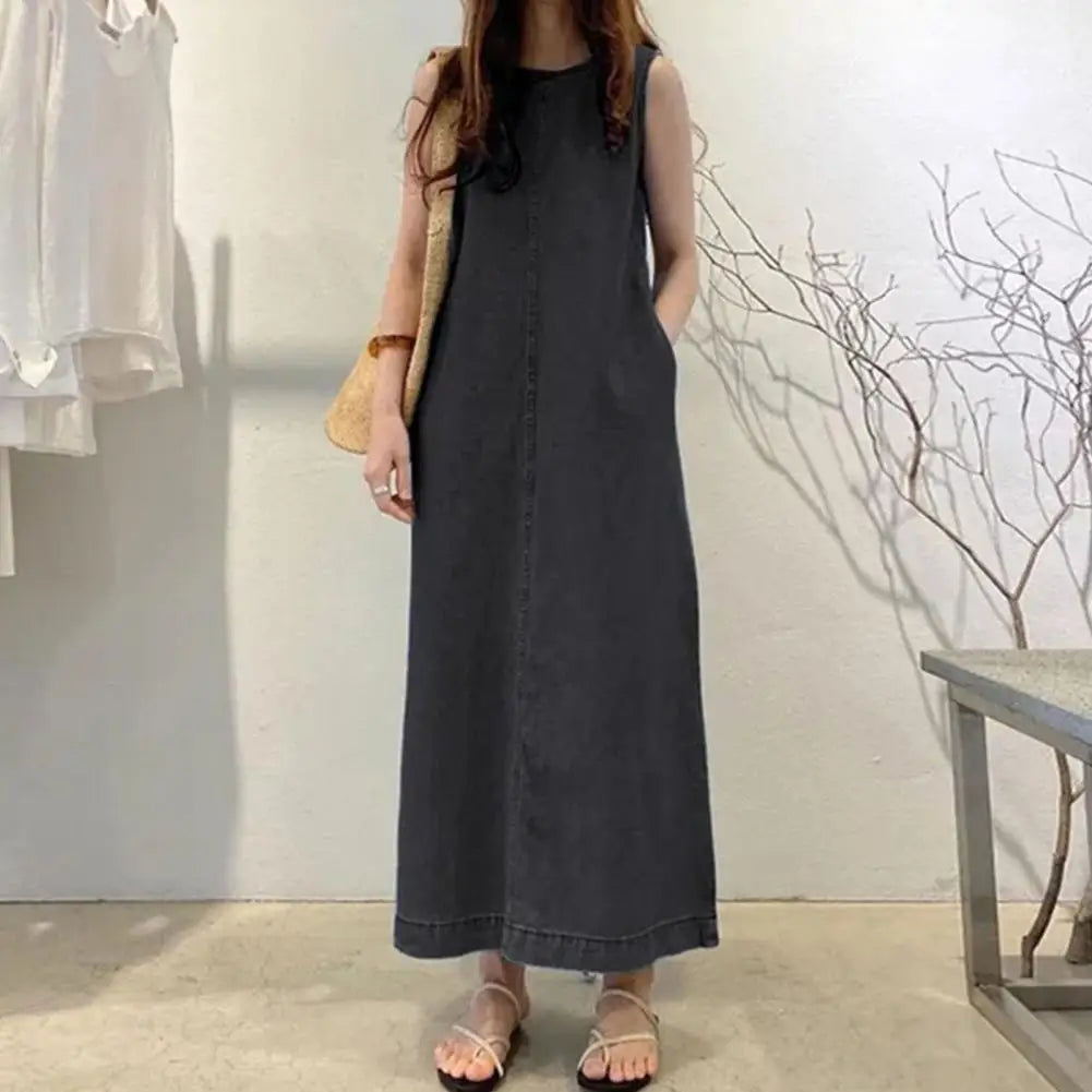 Pleated Denim A-Line Maxi Sundress