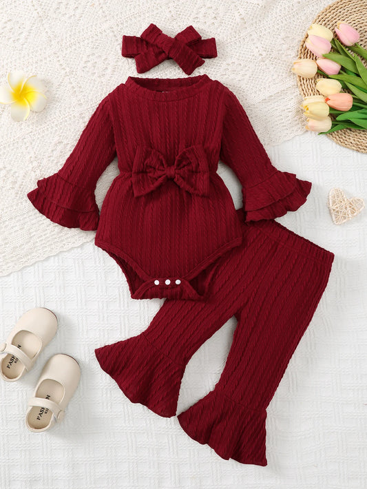 Baby Girls Long Sleeve Bow Ruffled Romper & Boot Cut Pant