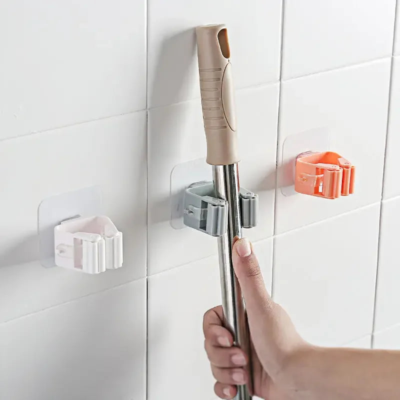 Punch-Free Wall-Mounted Mop Holder with Self-Adhesive Hooks