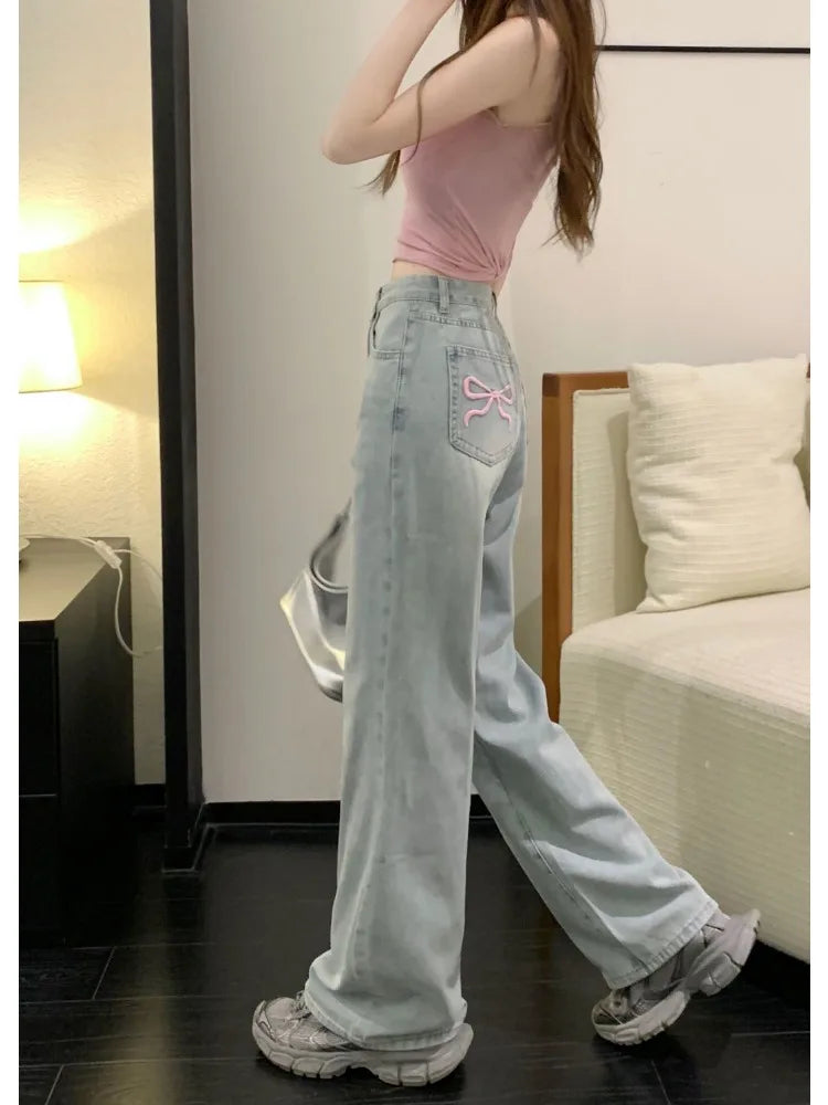 Sweet Blue High-Waist Bow Embroidery Jeans for Women