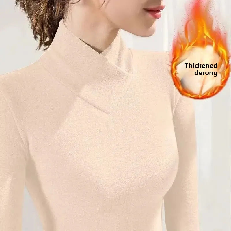 Damen-Shirts aus dickem Fleece mit V-Ausschnitt und halbhohem Kragen