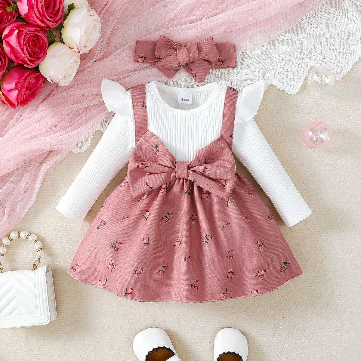 Baby Girl Color-Blocking Bow Dress & Headband Set