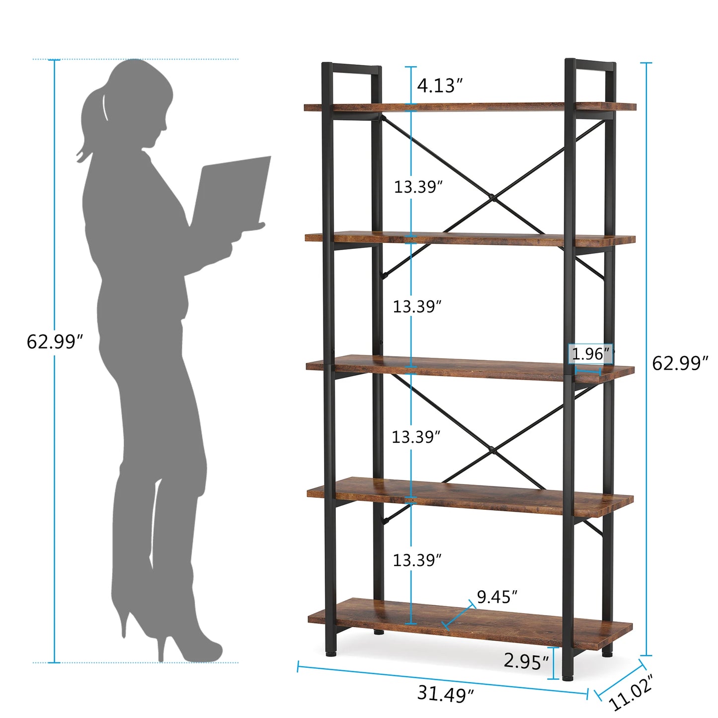 Metal Frame 5 Tier Etagere Bookcase - Rustic Tall Living Room Book Shelf  Unit