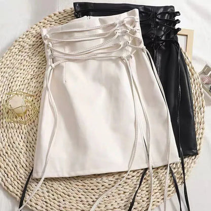 Black Leather Gothic Lace-Up Mini Skirt