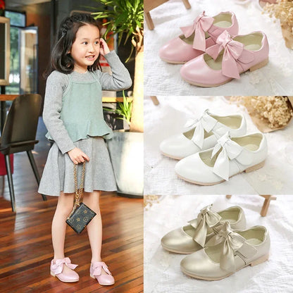 Girls' Leather Bow Small High Heels Princess Shoes