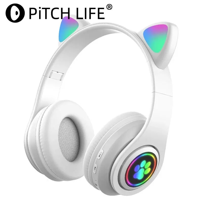 P91H Cute Cat Ears BT Wireless Headphone - Com Mic E Flash Light Capacity LED Headset